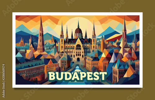 Geometric retro pop art Budapest Hungary skyline poster illustration, colorful abstract art style cityscape, vintage European travel vector illustration background poster for printing wall art.