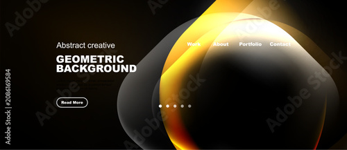 Dark background features abstract shapes, golden highlights. Text includes geometric background, navigation options, button. Modern design.