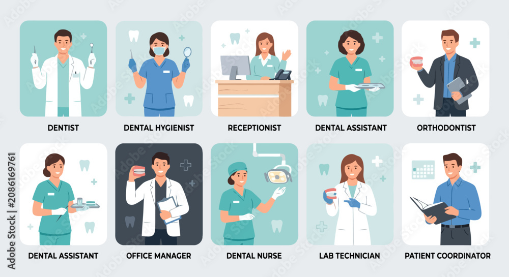 Fototapeta premium Flat vector icons of dental staff including dentist and hygienist
