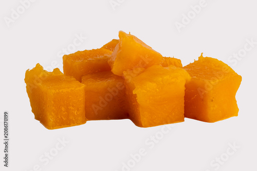 Pile of Fresh Diced Yellow Mango Cubes Isolated on White Background