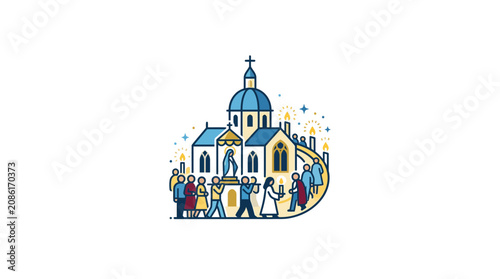 Obraz na plátně Religious Procession with Statue and Church