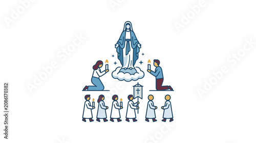 Cuadro en lienzo Catholic Prayer Vigil: People Praying to Virgin Mary with Candles, Religious Cer