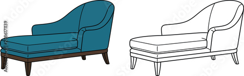 Canvastavla Elegant teal chaise lounge and outline drawing vector illustration perfect for i