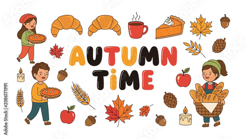 Quadro su tela Autumn Time Collection: A charming illustration collection celebrating the essence of autumn, featuring children carrying pies, a bounty of bread, seasonal fruits, leaves, and comforting drinks