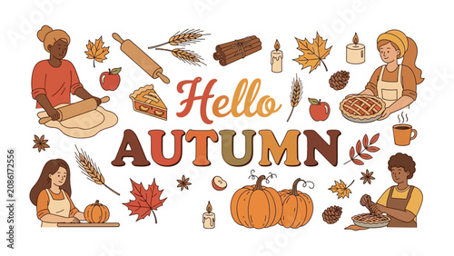 Принти на полотні Hello Autumn Scene: A heartwarming illustration celebrating the essence of autumn, featuring diverse people engaged in seasonal activities like baking pies, carving pumpkins, and rolling dough