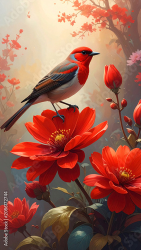  awesome red flower with red bird 