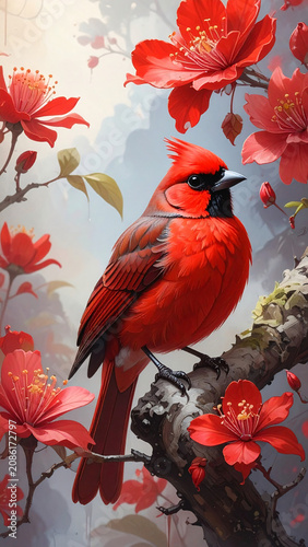 big red flower with red bird 