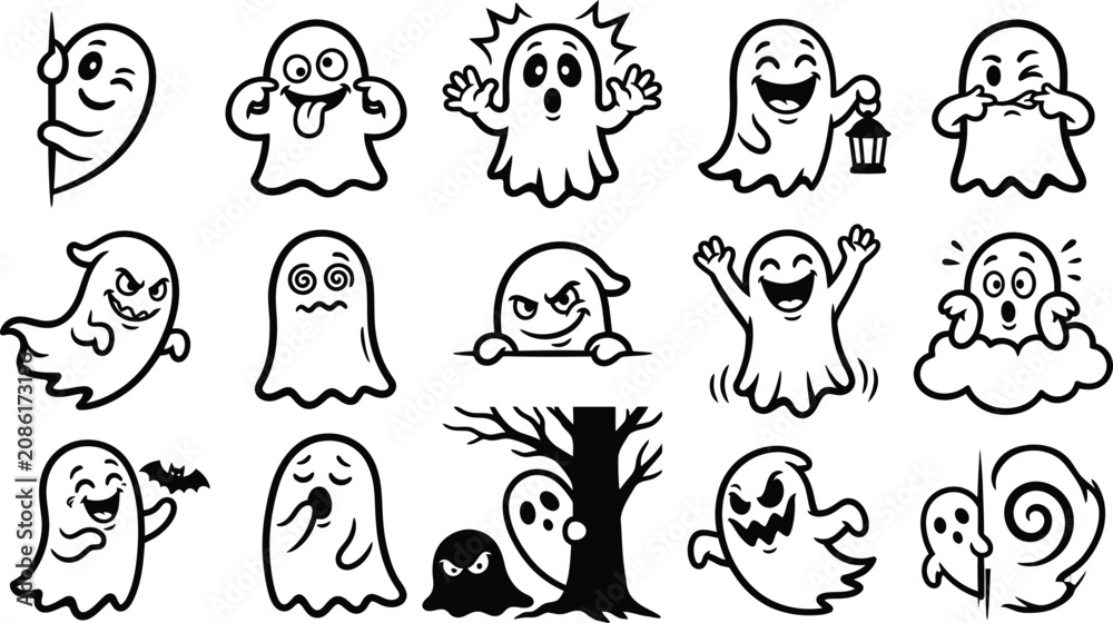 Fototapeta premium Assorted halloween ghost illustration set with various cute and spooky poses halloween character