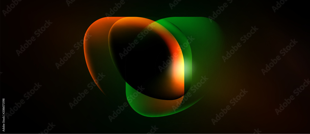 Fototapeta premium Abstract design features overlapping orange, green shapes. Dark background emphasizes vibrant color gradients, creating dynamic visual effect.