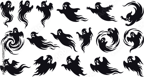 Fotografie Collection set of dynamic ghost silhouettes for halloween graphic design with ha