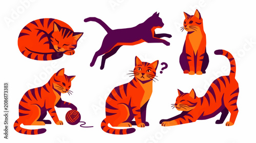 Foto Cute Tabby Cat Illustrations in Various Poses and Activities, Flat Design Vector