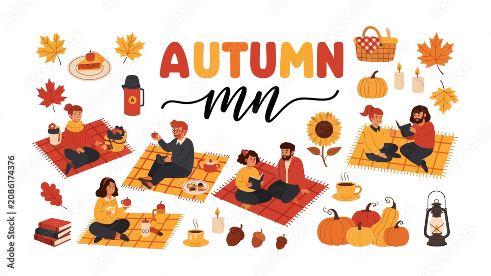 Fototapeta premium Autumn Picnic Gathering: A vibrant illustration depicts various individuals enjoying a cozy autumn picnic amidst colorful fall foliage, pumpkins, and warm beverages.