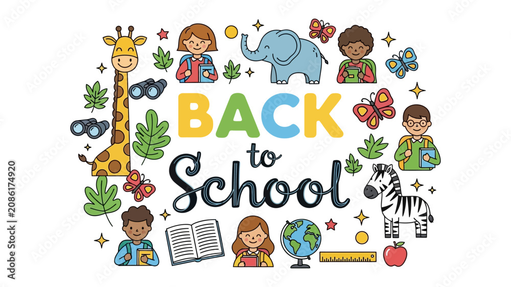 Naklejka premium Back to School Celebration: A whimsical collection of cartoon-style illustrations celebrates the joy and excitement of returning to school, featuring happy children, diverse animals.