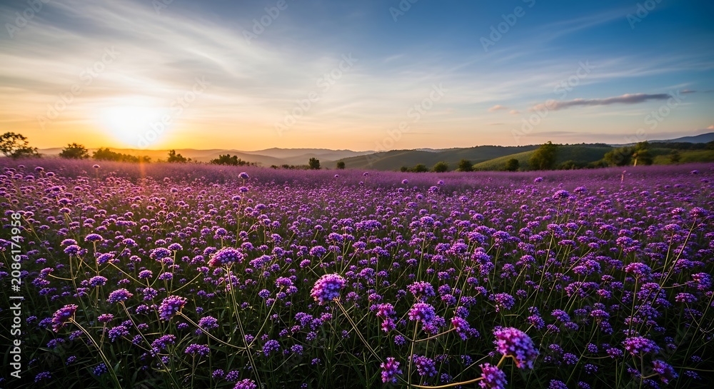 Fototapeta premium Beautiful Sunset Over Lavender Field with Purple Blooms.