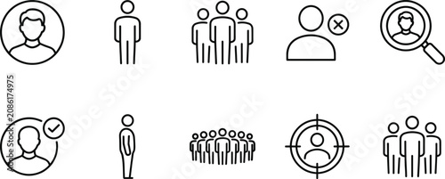 Collection of user icons: single person, groups, search, target, and remove from team
