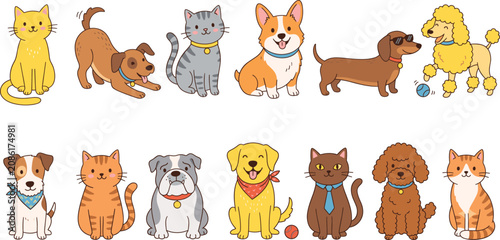 Collection of cute cartoon dogs and cats in various breeds and colors, playful and adorable