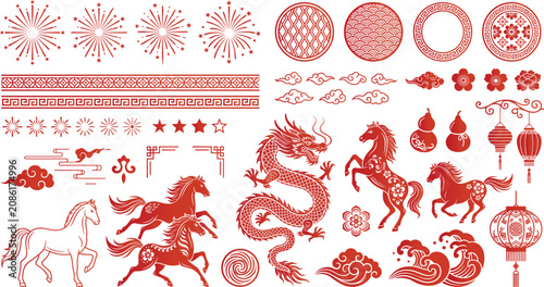 Traditional Chinese New Year Vector Icons: Dragon, Horses, Lanterns, Fireworks, Clouds, and Decorative Patterns in Red