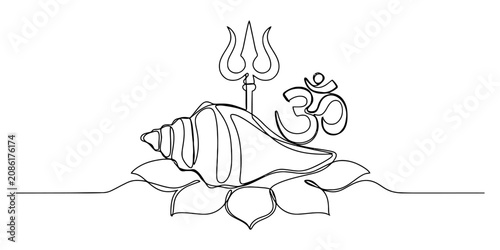 Obraz na płótnie Continuous single line drawing of hindu religious symbols including a conch shel