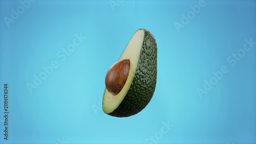 A clean, macro 3D rendering of a fresh green avocado cut in half, showcasing its smooth texture and central brown seed pit. Suspended against a soft cyan or light blue background, this nutritious food