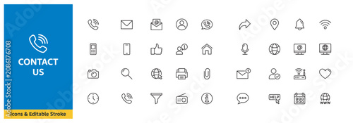 Modern contact us line icon pack for digital communication, web development, and user interface.