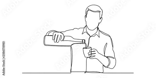 Photos Continuous line drawing of a man pouring a drink from a bottle into a small glas