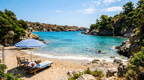 serene beach scene with a blue and white striped umbrella and lounge chairs