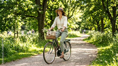 A woman rides a bicycle down a serene park path on a sunny day