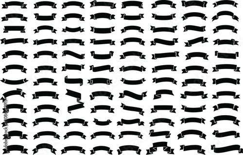 Set of black ribbon banners and bows vector icons.