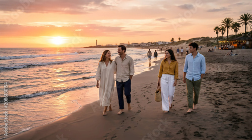 A group of friends walking on the beach at sunset together