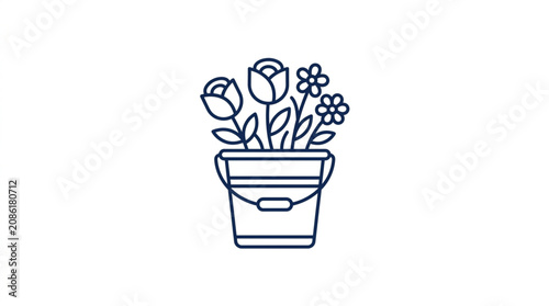 Line art drawing of a bucket filled with roses and small flowers.