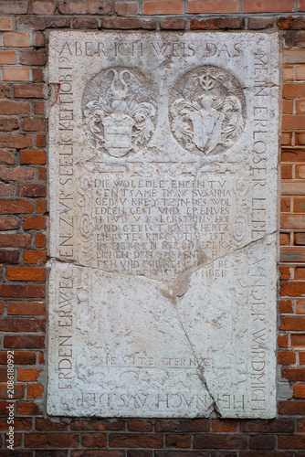 The memorial plaque to Susanna von Kalkstein is an epitaph with a bas-relief depicting the coat of arms of a noble family on the wall of the Kaliningrad Cathedral (in Russia). The inscription in Latin