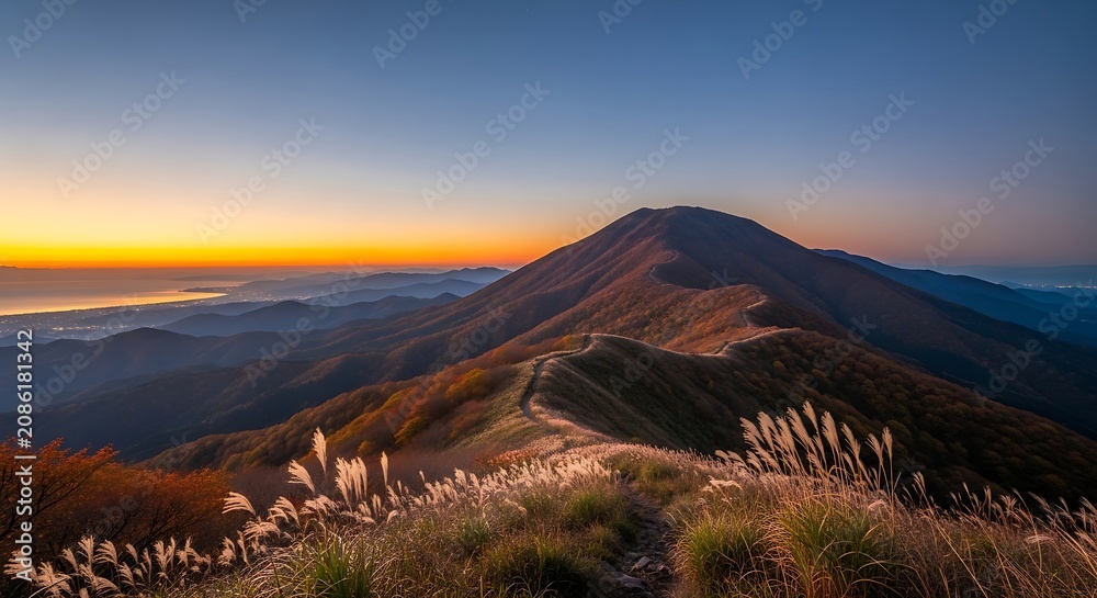 Fototapeta premium Breathtaking mountain landscape view at sunrise with golden light and tall grass.