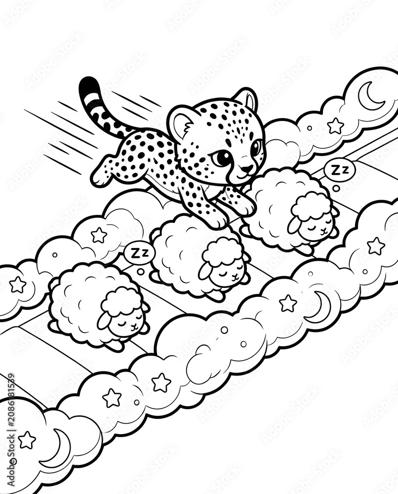 Fototapeta premium educational isometric sports coloring with engaging team sports scenes Adorable Cheetah Cub Leaping Over Dreaming Sheep on Cloud Bridge in Whimsical Black and White Illustration