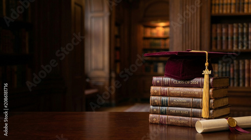 Maroon graduation cap with 2024 gold tassel on a stack of academic books and a diploma scroll inside a classic vintage library with wooden bookshelves and blurred background.