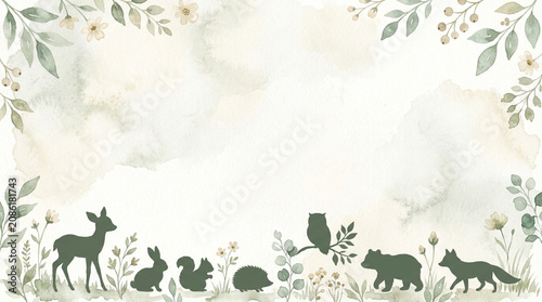Watercolor woodland animal silhouettes of deer, rabbit, squirrel, hedgehog, owl, bear, and fox along the bottom edge with green leaves and flowers on a textured paint wash background.
