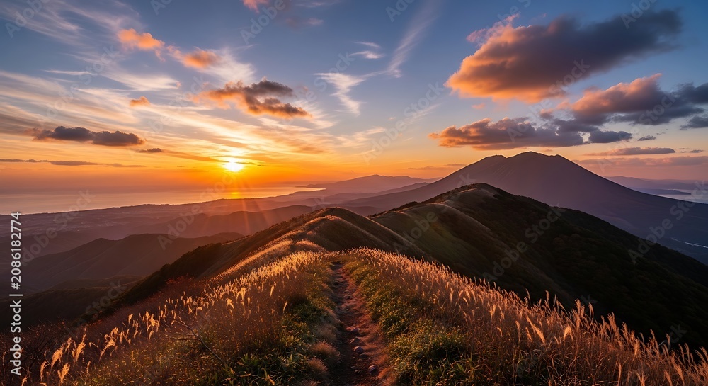 Fototapeta premium Breathtaking panoramic view of a mountain ridge during a vibrant golden sunset.