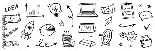 Business calendar icon doodle set. Hand drawn business calendar icon with chalk arrow money graph finance. Marketing communication growth goal analytics rocket innovation target. Vector illustration