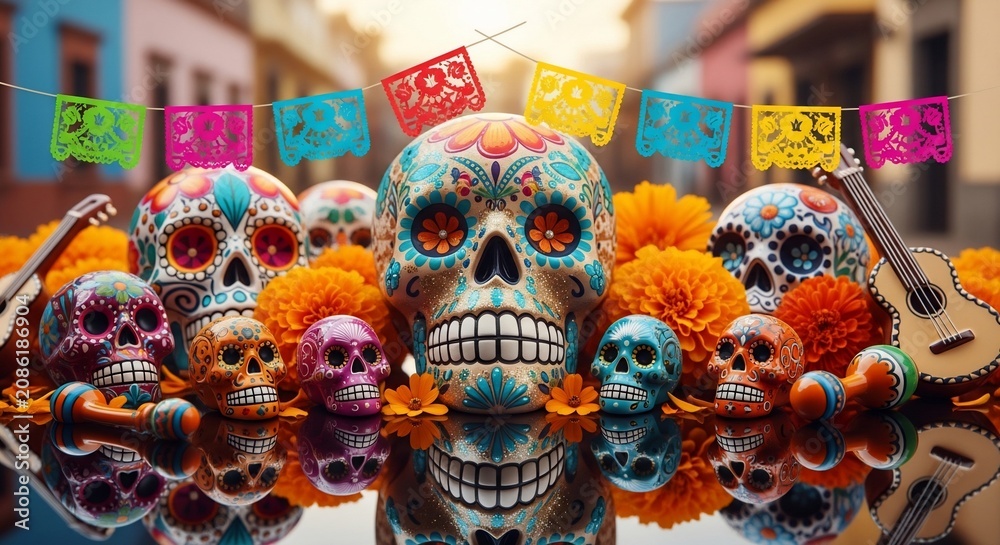 Fototapeta premium Vibrant Celebration of Souls: Intricate Skulls, Marigold Aura, Festive Streetscape