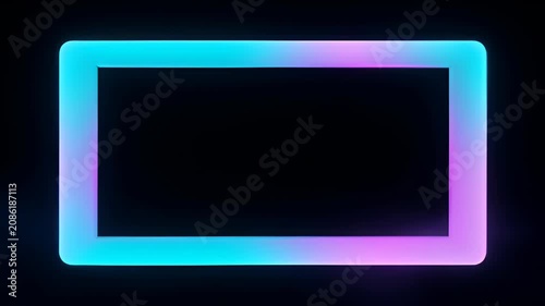 Neon loop frame glowing rectangle on black background with cyan and pink light, modern empty template for copy space and digital abstract design