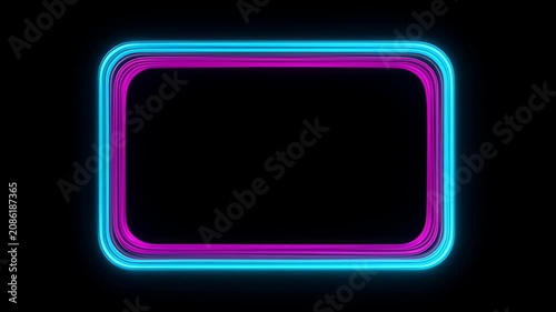 Neon frame loop glowing rectangular border on black background with cyan and magenta glow, modern abstract border for copy space and luminous black background empty space design