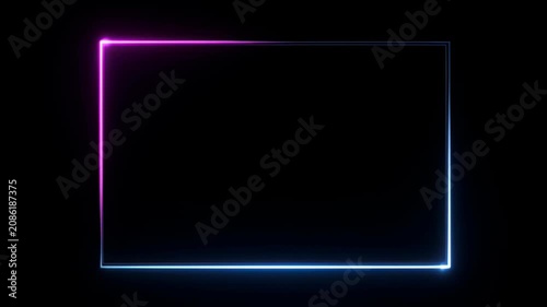 Neon loop frame glowing rectangle on black background with blue and magenta light, simple geometric abstract space, glowing blue and pink border for modern design copy space