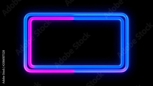 Neon loop frame glowing blue and magenta rectangular border line on black background, modern abstract copy space template for SEO search optimization with glowing border frame effect