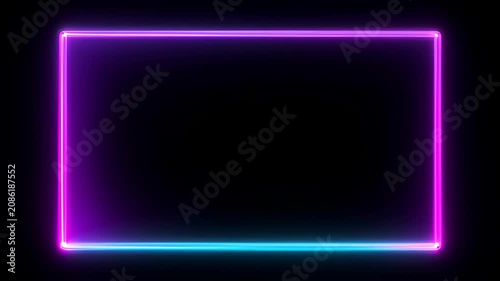 Neon Frame Loop Glow on Black Background with Magenta and Cyan Light, Glowing Rectangle Abstract Border, Minimal Modern Design with Empty Space and Luminous Outline Graphic Template