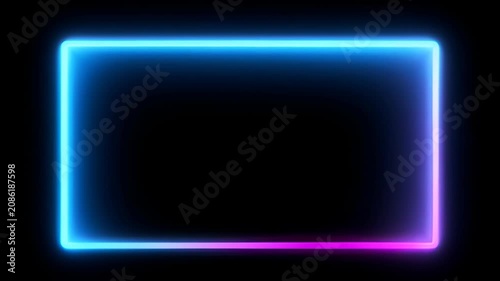 Neon loop frame on black background with blue and magenta glow, glowing blue magenta rectangle border, abstract design copy space, searchable SEO title