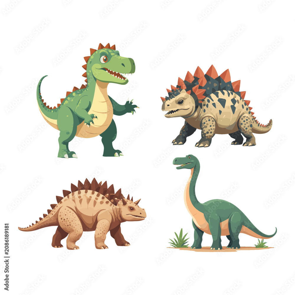 Fototapeta premium Prehistoric Dinosaur Vector Characters Set Tyrannosaurus Rex Diplodocus Ankylosaurus Armored Dino Cartoon Clipart Bundle for Kids Book Cover Educational Poster Graphic Element Isolated