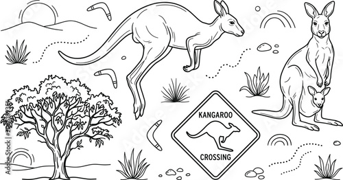 Photos Australian Outback Kangaroo Wildlife Icon Set with Boomerang Symbols for Nature