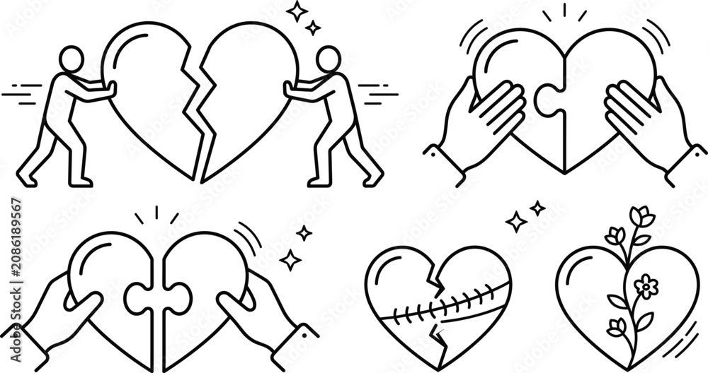 Obraz premium Broken Heart Healing and Relationship Repair Concept Icon Set for Psychology Website Designs