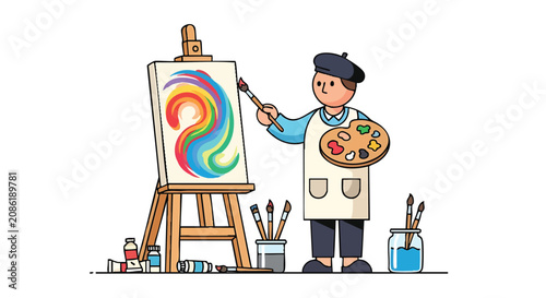 Artist painting on canvas with colorful brushstrokes.