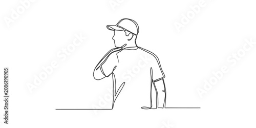 Obraz na płótnie Continuous one line drawing of a young man wearing a baseball cap and t-shirt lo