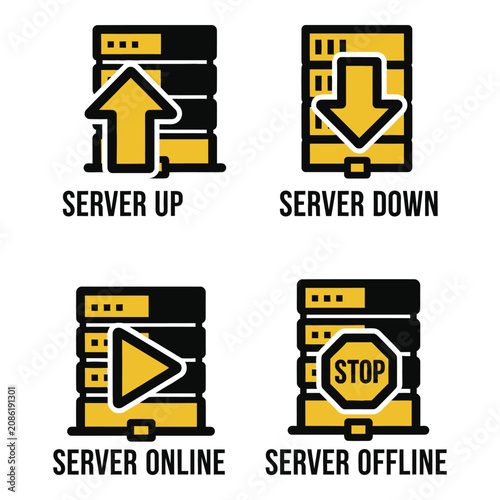 Vector art of four flat design icons illustrating server status server up, server down, server online, and server offline